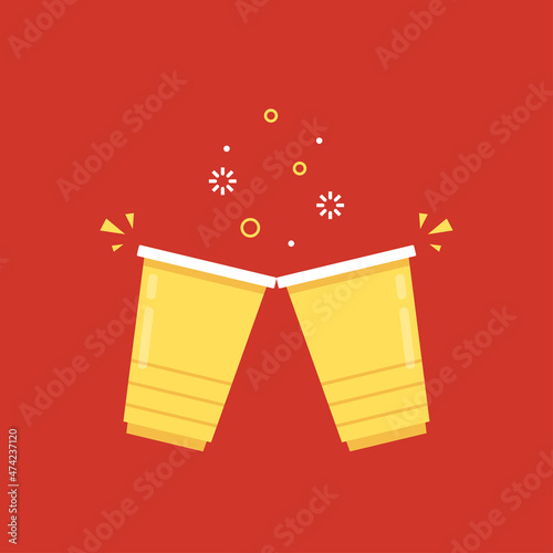 Yellow party cup isolated on red background, vector illustration. Yellow beer cup vector. Beer pong.