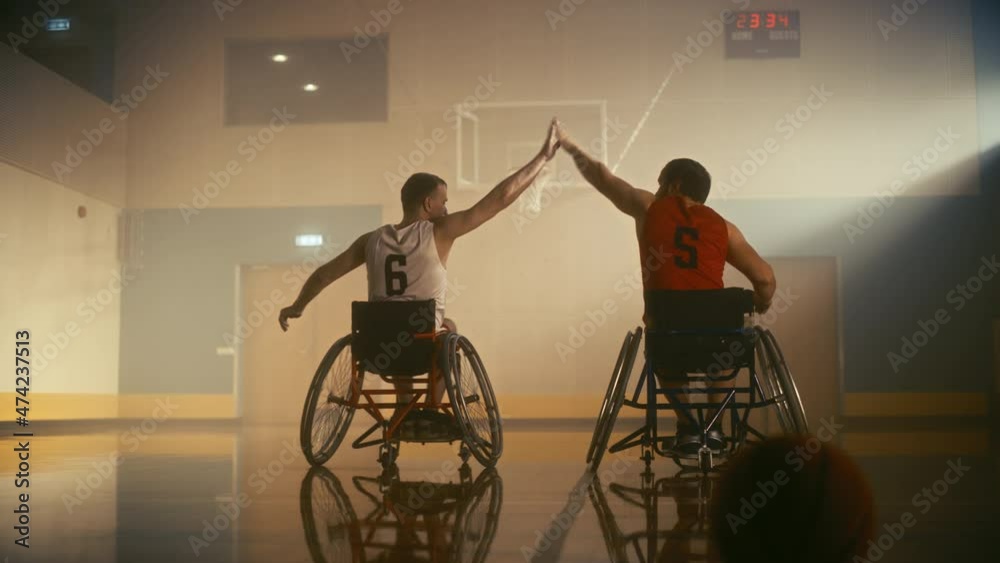 Court for Wheelchair Basketball Game of One on One. Competing Friends Ready to Play do High Five Before Game. Two Professional Players Determined to Win Match. Inspiration of People with Disability