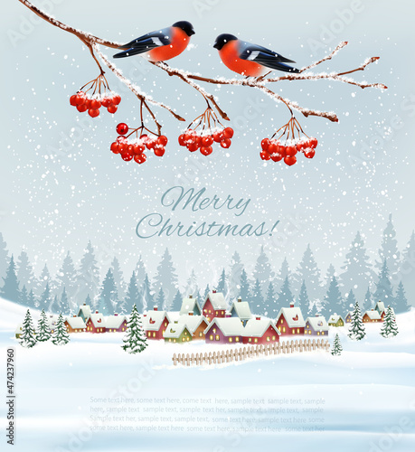 Holiday Christmas and Happy New Year background with a winter landscape and village and red bullfinch. Vector.