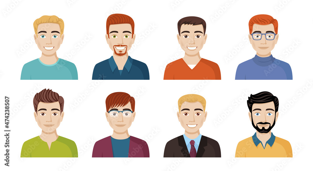 A set of avatars of happy people of different appearance, hairstyles. Portraits of men. Vector illustration in cartoon style A set of avatars of happy people of different appearance, hairstyles. Portraits of men. Vector illustration in cartoon style