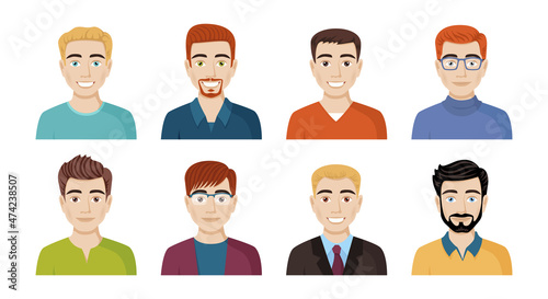 A set of avatars of happy people of different appearance, hairstyles. Portraits of men. Vector illustration in cartoon style