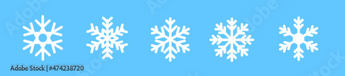 White snowflakes icons set vector. Isolated white winter snowflake symbols on blue background. Silhouette christmas snow-flake sign. Vector illustration.