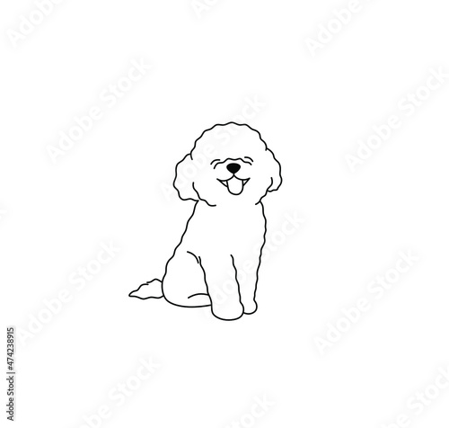 Vector isolated cute cartoon sitting smiling happy curly dog contour line drawing. 