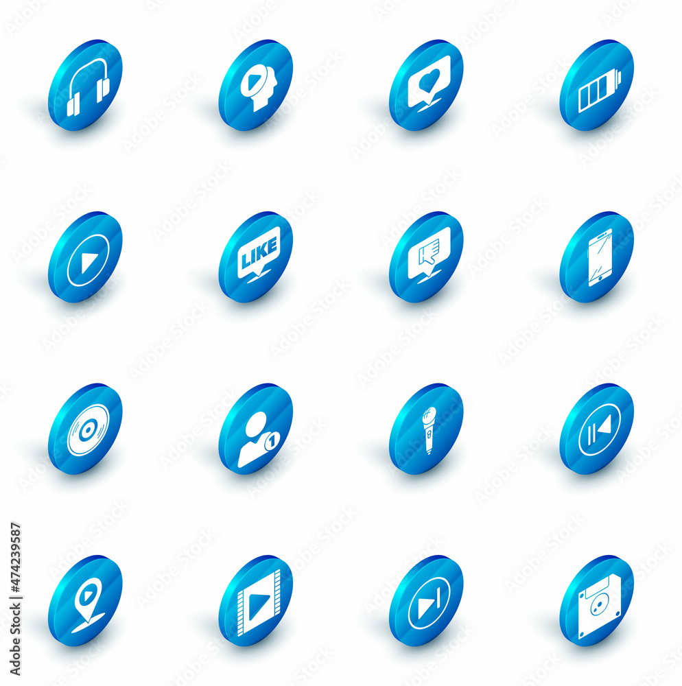 Set Head people with play button, Like and heart, Battery charge level indicator, Play circle, Vinyl disk, speech bubble, Smartphone, mobile phone and Dislike icon. Vector Set Head people with play button, Like and heart, Battery charge level indicator, Play circle, Vinyl disk, speech bubble, Smartphone, mobile phone and Dislike icon. Vector