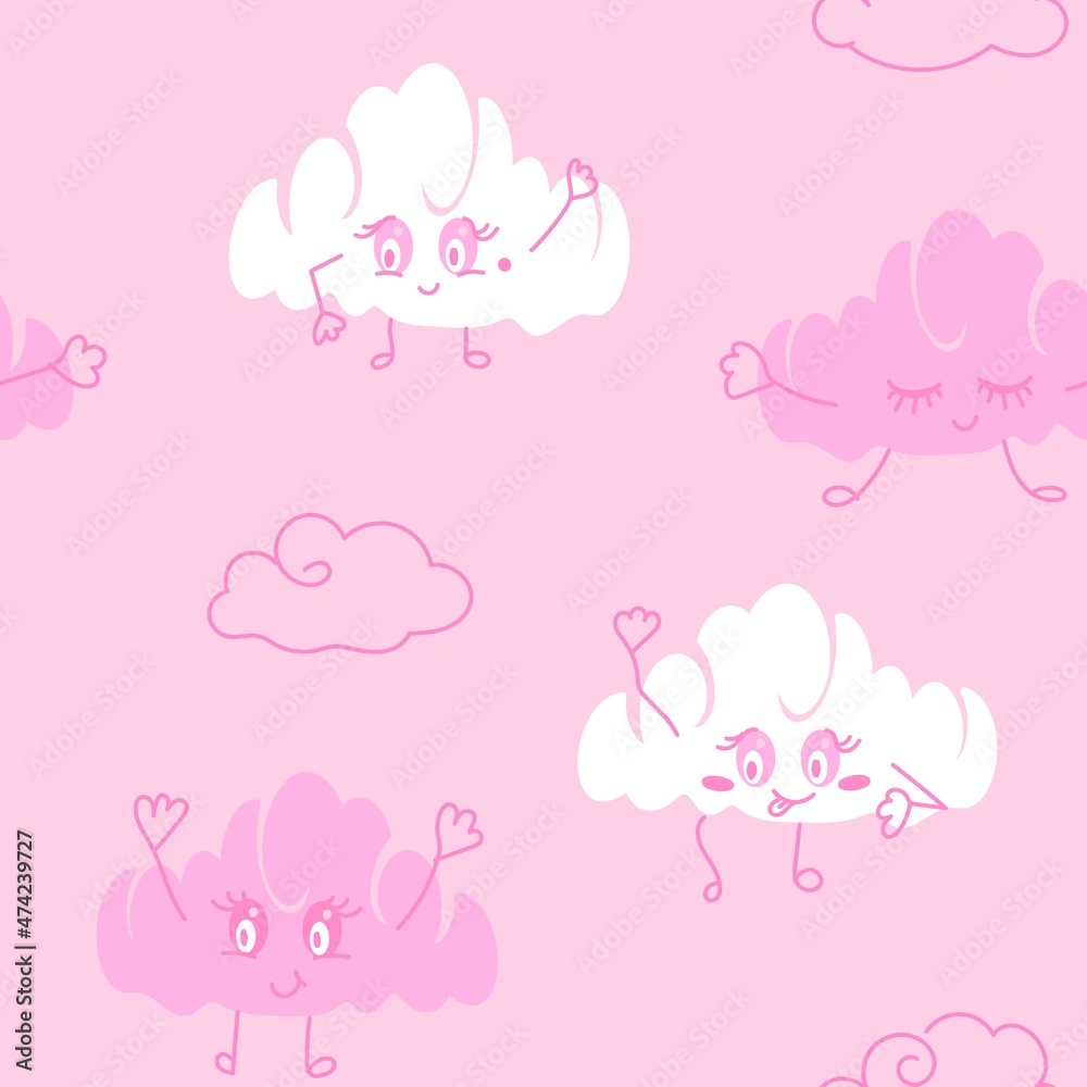 Pink clouds pattern. Seamless cartoon clouds pattern for animation. Cheerful clouds with cute faces.