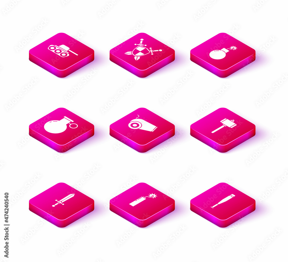 Set Medieval sword, Dynamite bomb stick clock, Hand grenade, Cannon, Baseball bat, Battle hammer, Bomb ready to explode and shield with crossed swords icon. Vector Set Medieval sword, Dynamite bomb stick clock, Hand grenade, Cannon, Baseball bat, Battle hammer, Bomb ready to explode and shield with crossed swords icon. Vector