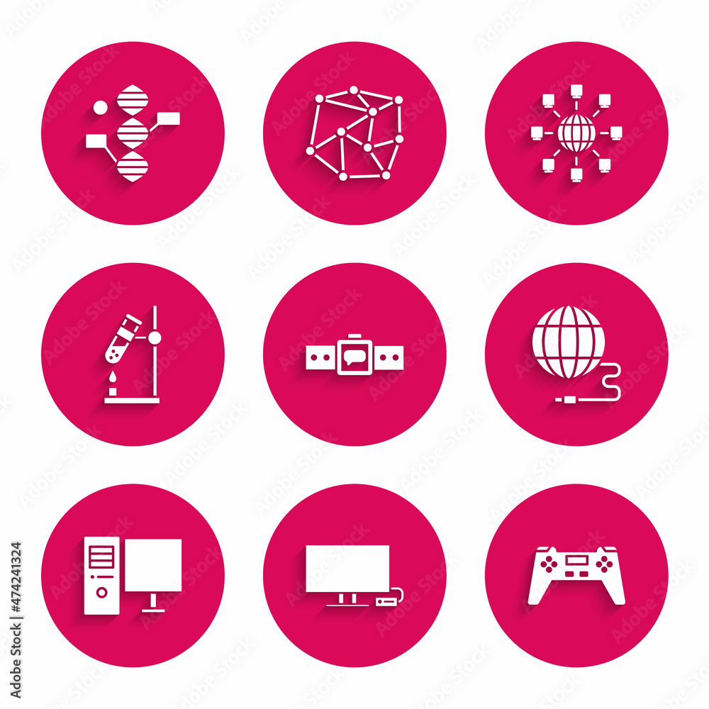 Set Smartwatch, Tv, Gamepad, Social network, Computer monitor, Test tube flask fire, and DNA symbol icon. Vector Set Smartwatch, Tv, Gamepad, Social network, Computer monitor, Test tube flask fire, and DNA symbol icon. Vector
