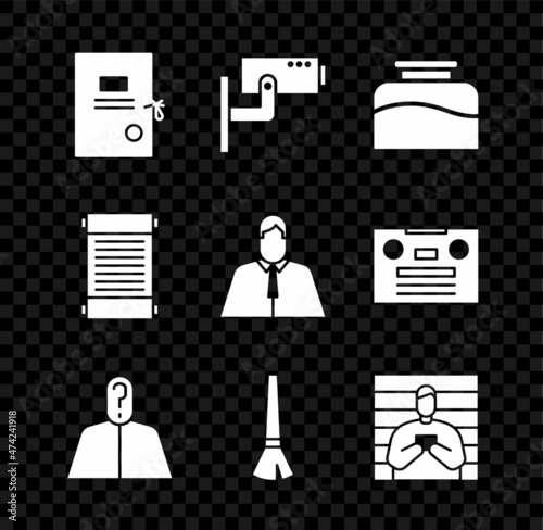 Set Lawsuit paper, Security camera, Inkwell, Anonymous with question mark, Paint brush, Suspect criminal, Decree, parchment, scroll and Lawyer, attorney, jurist icon. Vector