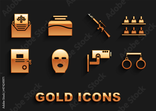 Set Thief mask, Jurors, Handcuffs, Security camera, Lawsuit paper, Sniper rifle with scope, Subpoena and Inkwell icon. Vector
