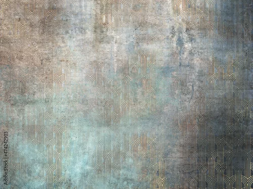 Obraz Grunge photo wallpaper with golden abstract elements on concrete background. Illustration for wallpaper, fresco, mural.