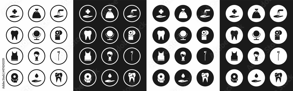 Set Washing hands with soap, Round makeup mirror, Tooth, Cross hospital medical, Toilet paper roll, Garbage bag, Toothbrush and Sleeveless T-shirt icon. Vector