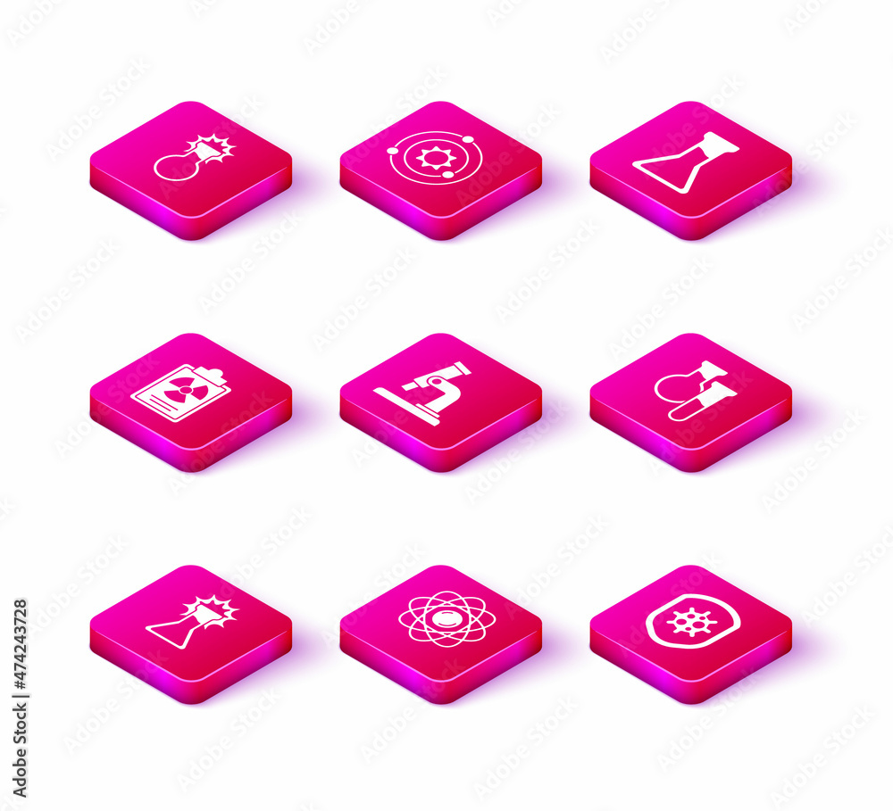 Set Test tube and flask, Atom, Radiation warning document, Microscope, Shield protecting from virus, and Solar system icon. Vector Set Test tube and flask, Atom, Radiation warning document, Microscope, Shield protecting from virus, and Solar system icon. Vector