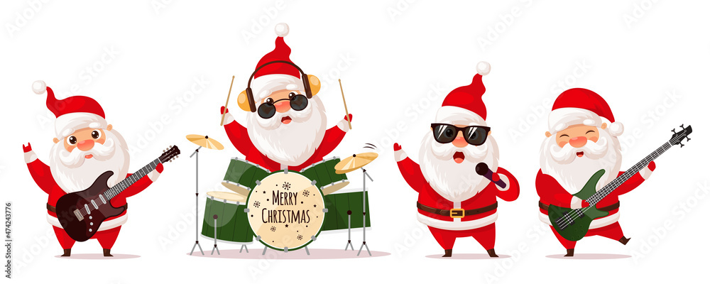 Cute Santa Claus Playing Electric Guitar Drums And Singing Rock Band