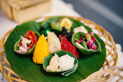 Colorful flat lay photo wedding ceremony, traditional food from java Indonesia