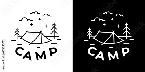 Simple black and white camping logo, camping logo design with symbol lines in the form of forest, tent, landscape, sky