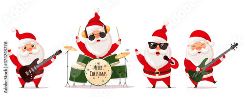 Cute Santa Claus playing electric guitar, drums and singing, rock band. Vector illustration isolated on white background