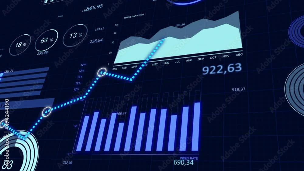 Business graphs and financial charts with blue color background. Stock market growing chart with sale indexes of the bonds and analysis information of economic trends. Annual report 3d animation.