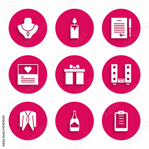 Set Gift box, Champagne bottle, Clipboard with checklist, Home stereo two speakers, Suit, Greeting card, Marriage contract and Necklace mannequin icon. Vector