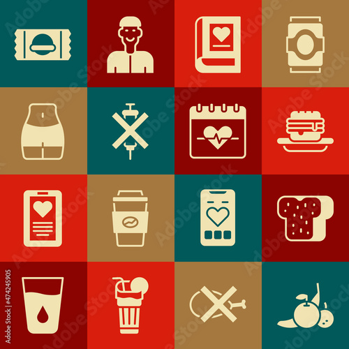 Set Fruit, Bread toast, Junk food, Medical book, No doping syringe, Women waist, Sports nutrition and Heart rate icon. Vector