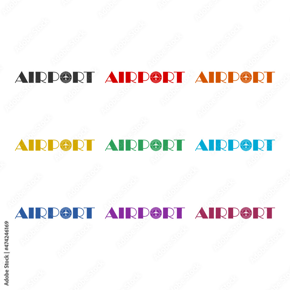 Airport word icon isolated on white background, color set