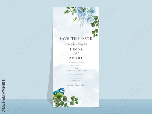 Wedding invitation card template blue flowers theme