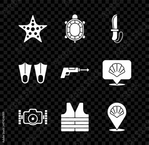 Set Starfish, Turtle, Knife, Photo camera, Life jacket, Scallop sea shell, Rubber flippers and Fishing harpoon icon. Vector