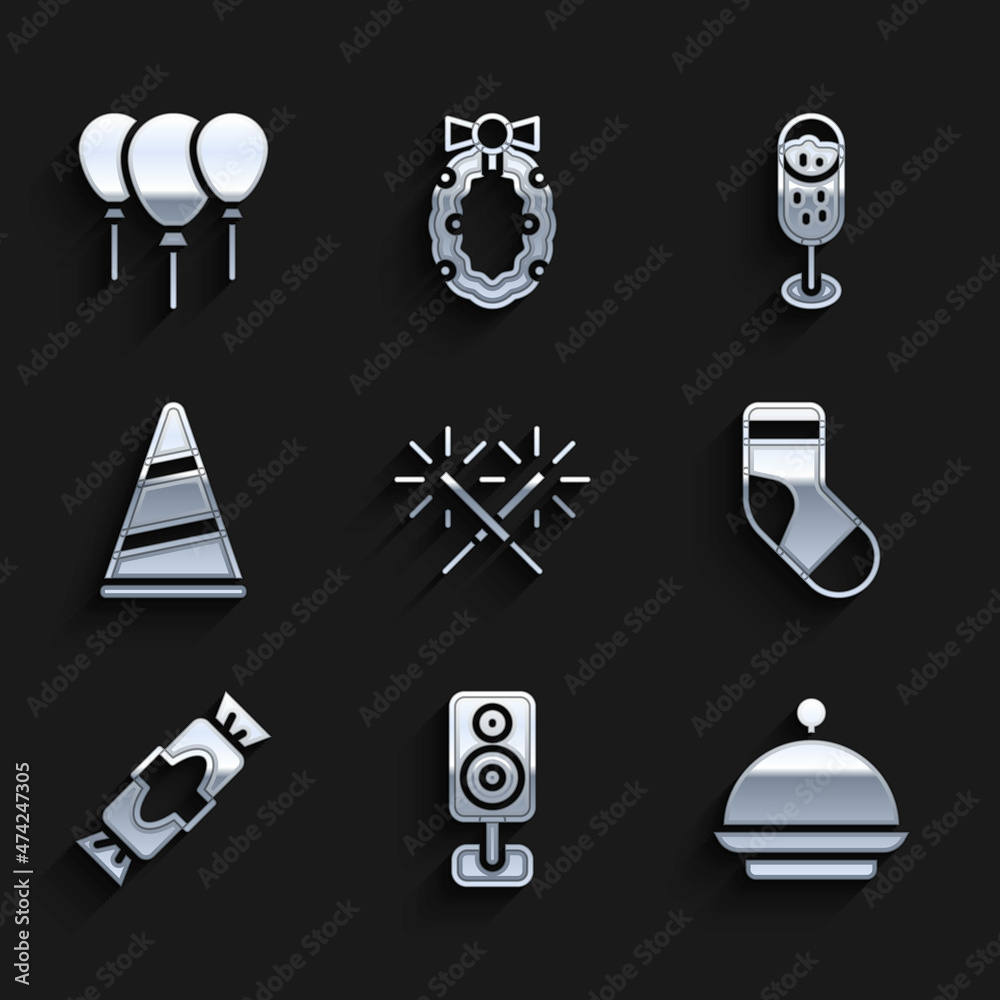 Set Sparkler firework, Stereo speaker, Christmas covered with tray, stocking, Candy, Party hat, Glass of champagne and Balloons ribbon icon. Vector