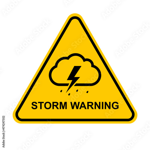 Storm warning. Yellow warning sign of the storm. Storm ahead. Bad weather, hurricane, thunderstorm, storm, squall wind. Vector illustration.