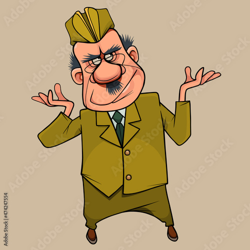 cartoon serious man in military uniform thinking gesturing with his hands