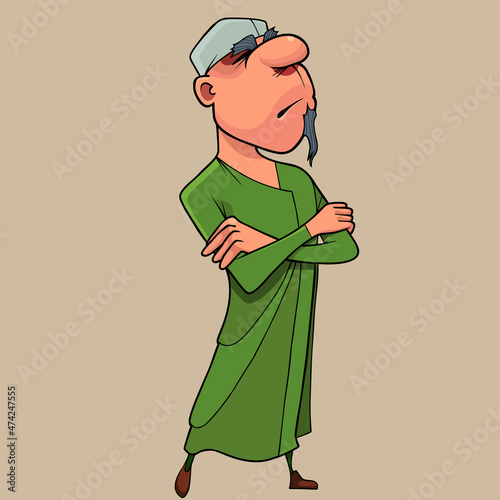 cartoon man in a tunic and a hat stands with his arms crossed on his chest