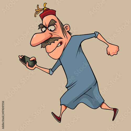 cartoon tense man walking fast looking at smartphone