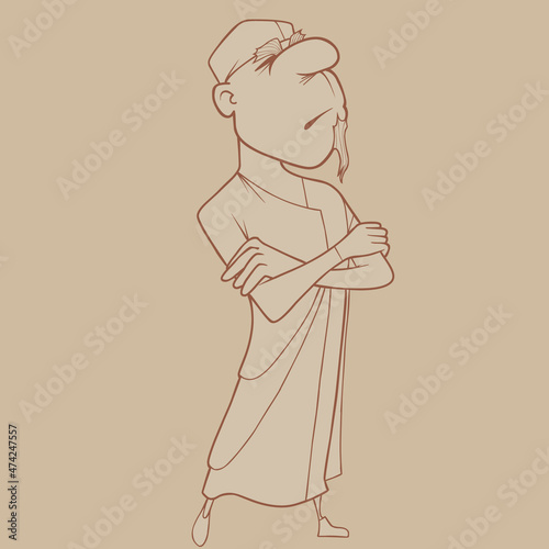 sketch of a cartoon man in a tunic standing with his arms crossed on his chest