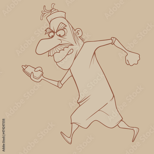sketch of cartoon tense man walking fast looking into smartphone