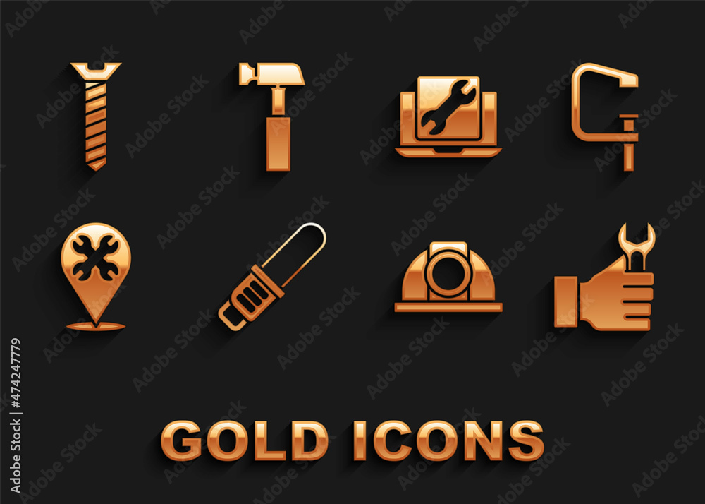 Set Chainsaw, Clamp and screw tool, Wrench spanner, Worker safety helmet, Location with wrench, Laptop service, Metallic and Hammer icon. Vector Set Chainsaw, Clamp and screw tool, Wrench spanner, Worker safety helmet, Location with wrench, Laptop service, Metallic and Hammer icon. Vector