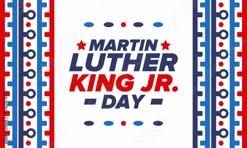 Martin Luther King, Jr. Day. Celebrated annual in United States in January, federal holiday. African American Rights Fighter. Patriotic american elements. Poster, card, banner, background. Vector