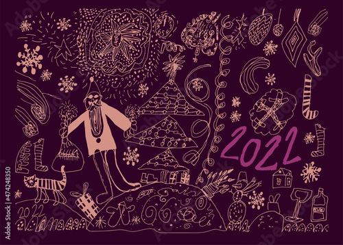 Christmas poster marker pen childlike freehand art strange scrabble style. Perfect for greeting card, gift package. Cute hand drawn sketch for celebration of happy new year. 