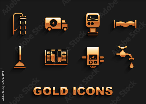 Set Test tube with water drop, Industry metallic pipe, Water tap, Gas boiler, Rubber plunger, Pressure meter, Shower and Plumber service car icon. Vector