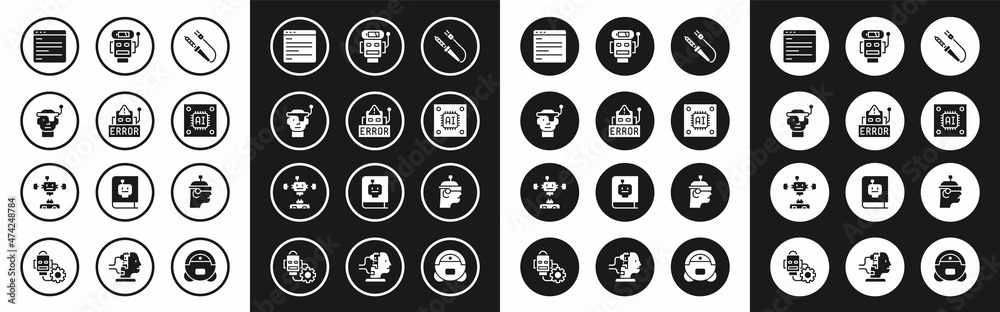 Set Soldering iron, Error robot, Smart glasses, Computer api interface, Processor with microcircuits CPU, Robot low battery charge, and Disassembled icon. Vector Set Soldering iron, Error robot, Smart glasses, Computer api interface, Processor with microcircuits CPU, Robot low battery charge, and Disassembled icon. Vector
