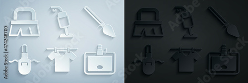 Set Drying clothes, Handle broom, Kitchen apron, Washbasin, Vacuum cleaner and Brush for cleaning icon. Vector