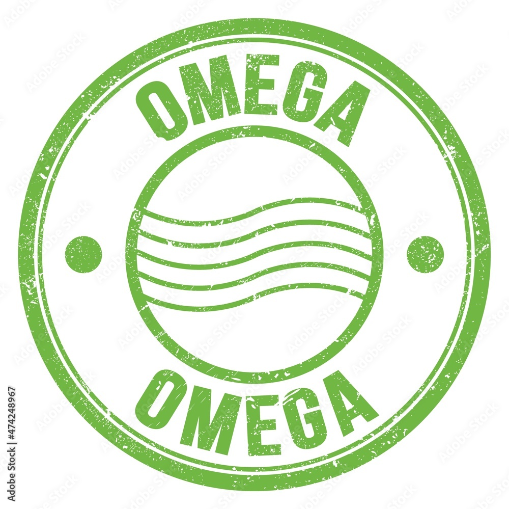 OMEGA text written on green round postal stamp sign OMEGA text written on green round postal stamp sign