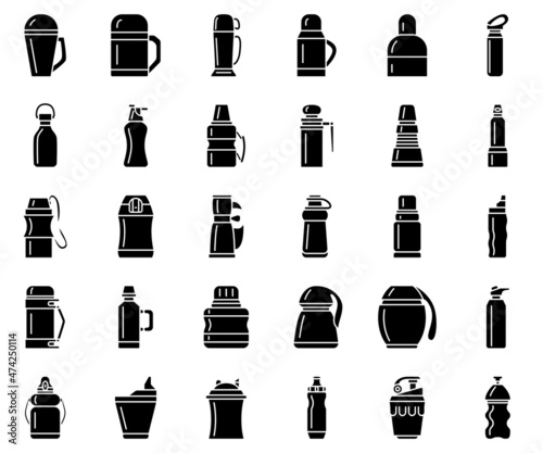 Thermos, bottle, thermal vessel. Thermos for hot and cold drinks and food, temperature storage for outside use. Set of vector icons, glyph, isolated