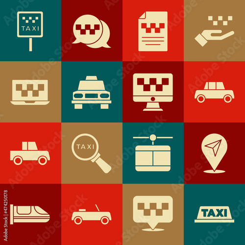 Set Taxi car roof, Location, Car, driver license, Laptop call taxi service, Road sign for stand and Computer icon. Vector