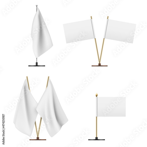 Realistic small white table flag set vector illustration. Collection flagpole promo blank