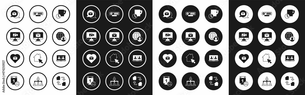 Set Time management, Online working, Video camera Off on computer, Freelancer, Web, chat conference and Heart with text icon. Vector Set Time management, Online working, Video camera Off on computer, Freelancer, Web, chat conference and Heart with text icon. Vector