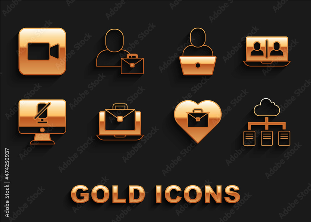 Set Online working, Video chat conference, Heart with text, Mute microphone computer, Freelancer, Camera and icon. Vector