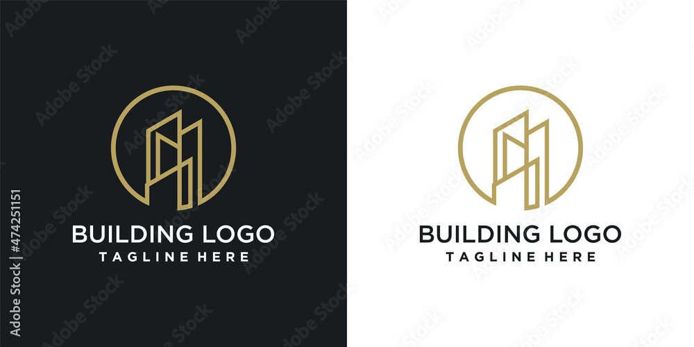 Building logo design with business card design template Premium Vector