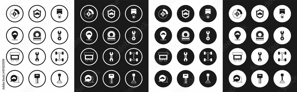 Set Engine piston, Car tire wheel, Location with car service, brake disk caliper, Wrench spanner, shield, Chassis and Fuse icon. Vector Set Engine piston, Car tire wheel, Location with car service, brake disk caliper, Wrench spanner, shield, Chassis and Fuse icon. Vector