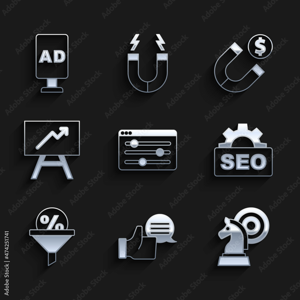 Set Browser setting, Customer product rating, Chess, SEO optimization, Lead management, Board with graph chart, Magnet money and Advertising icon. Vector