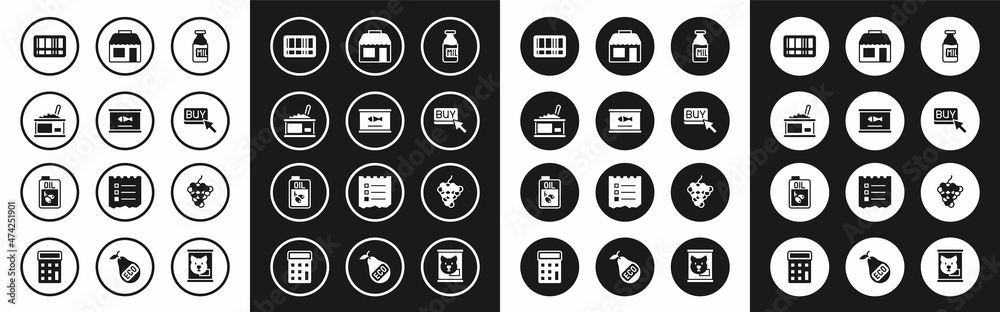 Set Bottle with milk, Canned fish, Tin can caviar, Barcode, Buy button, Market store, Grape fruit and of olive oil icon. Vector Set Bottle with milk, Canned fish, Tin can caviar, Barcode, Buy button, Market store, Grape fruit and of olive oil icon. Vector