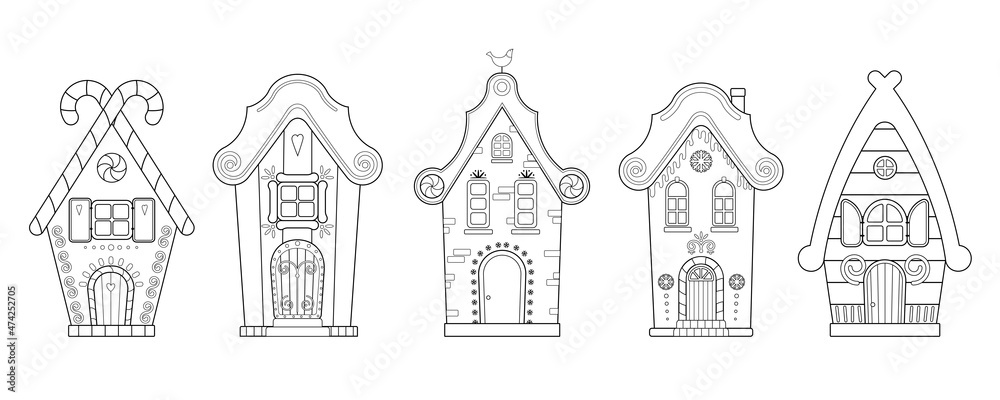Set of gingerbread houses in line art style. Vector illustration for coloring book